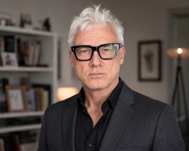 Cameron Reilly wearing glasses and a dark suit